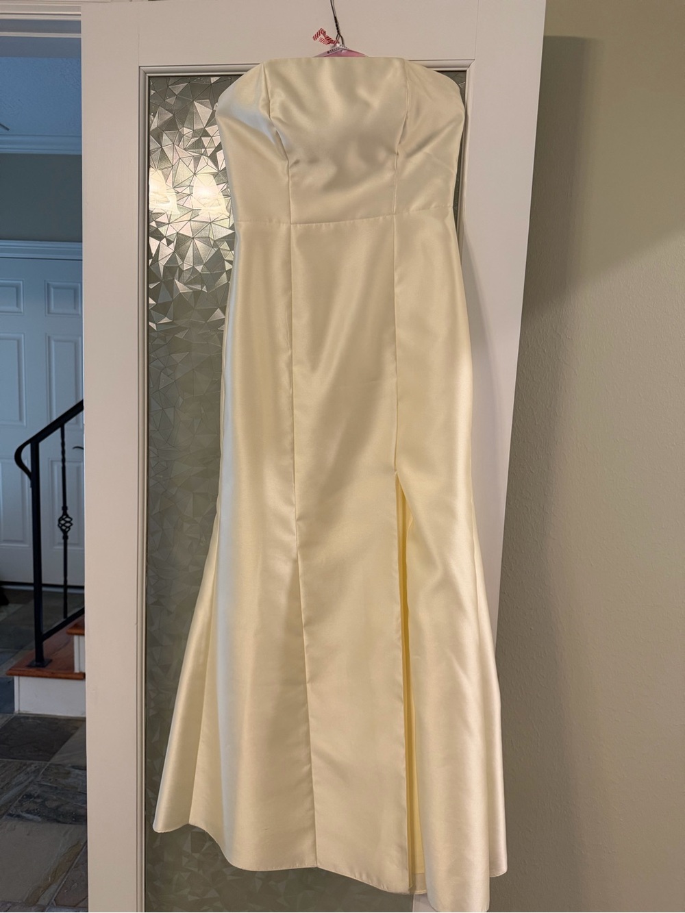Bella Bridesmaids Strapless Satin Twill dress in Butter Yellow with Front Slit